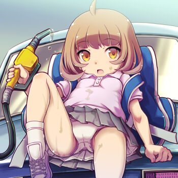 1girl backpack bag cameltoe car commentary_request gasoline henkei_shoujo highres kneehighs loli motor_vehicle panties rin_(henkei_shoujo) short_sleeves sitting skirt socks solo spread_legs underwear upskirt white_panties yellow_eyes yoshi_(crossmind)