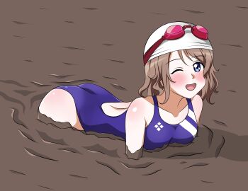 absurdres ass commentary_request competition_swimsuit dirty goggles highres love_live! love_live!_sunshine!! mud one-piece_swimsuit original quicksand swim_cap swim_goggles swimsuit watanabe_you wetland