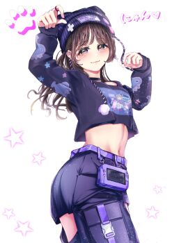 1girl 5th_live_tour_~4pair_power_spread!!!!~ :3 alt_text animification blush brown_hair choker closed_mouth commentary_request crop_top cropped_shirt crotchless crotchless_pants frontrivers_kae grey_eyes highres jewelry kurusu_rin linea_alba link!_like!_love_live! long_sleeves looking_at_viewer love_live! midriff mole mole_under_eye navel nyao_signyal pants paw_pose paw_print purple_choker purple_pants purple_shirt purple_shorts real_life ring shirt shorts simple_background sleeves_past_wrists smile solo star_(symbol) voice_actor white_background