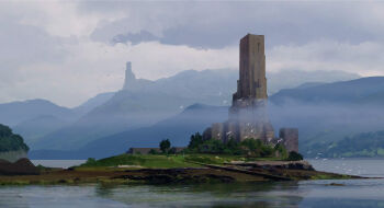 Rule 34 | absurdres, assassin's creed: valhalla, assassin's creed (series), castle, cloud, cloudy sky, commentary, english commentary, flock, fog, highres, island, lake, landscape, medieval, mountainous horizon, no humans, painterly, raphael-lacoste, reflection, reflective liquid, sky, tower, tree, water