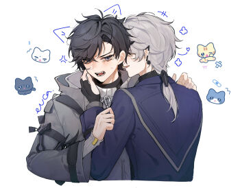 2boys anger_vein ardashir_(arknights) arknights arknights:_endfield black_gloves black_hair blue_shirt blush cat cropped_torso ear_covers endministrator_(arknights) eucalypink fingerless_gloves gloves grey_eyes grey_hair grey_jacket hand_on_another's_face hashtag-only_commentary highres jacket long_hair long_sleeves male_endministrator_(arknights) male_focus multiple_boys open_mouth parted_hair pointy_ears ponytail shirt short_hair single_ear_cover sleeve_cuffs white_background yaoi