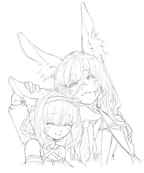 2girls :3 animal_ears arknights bare_shoulders blush braid braided_hair_rings closed_eyes collar commentary_request cropped_shoulders fox_ears fox_girl greyscale hair_between_eyes hair_rings hairband hand_on_another&#039;s_ear highres ibispaint_(medium) infection_monitor_(arknights) lineart long_hair long_sleeves looking_at_another monochrome mother_and_daughter multiple_girls n46874 necktie shirt simple_background smile suzuran_(arknights) tassel tattoo_choker upper_body vulpisfoglia_(arknights) white_background