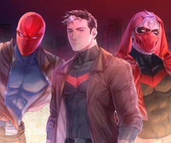 bat_signal batman_(series) batman_symbol black_bodysuit black_gloves black_hair black_shirt blue_eyes bodysuit brown_jacket closed_mouth dc_comics gloves grey_bodysuit hair_between_eyes highres jacket jason_todd long_sleeves mag_bya male_focus multicolored_bodysuit multiple_persona muscular muscular_male open_clothes pants red_hood_(dc) red_hood_and_the_outlaws shirt short_hair superhero_costume two-tone_bodysuit