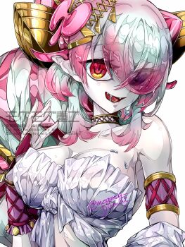 1girl armlet bare_shoulders breasts bridal_gauntlets cleavage collarbone commentary_request duel_monster flower front-tie_top hair_flower hair_ornament hair_over_one_eye highres jewelry large_breasts long_hair looking_at_viewer monster_girl multicolored_hair open_mouth pink_hair plant_girl pointy_ears red_eyes simple_background smile solo traptrix_pinguicula twitter_username upper_body watermark white_background yu-gi-oh! yukitaka_(zzzzz)