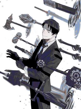 1boy adjusting_clothes adjusting_gloves black_eyes black_hair black_jacket black_necktie black_pants closed_mouth collared_shirt cowboy_shot gloves greatsword hammer highres jacket lance library_of_ruina looking_at_viewer mace mye_66 necktie pants polearm project_moon roland_(project_moon) shirt simple_background smile solo sword weapon white_background white_shirt