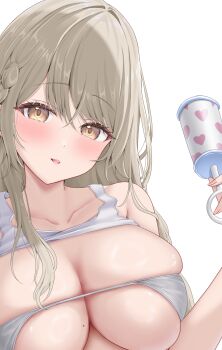 1girl absurdres bare_shoulders blush braid breasts brown_eyes brown_hair cleavage collarbone covered_erect_nipples highres holding holding_rattle large_breasts long_hair looking_at_viewer mole mole_on_breast open_mouth original rattle shirt simple_background smile solo tank_top uni_ikura white_background white_tank_top