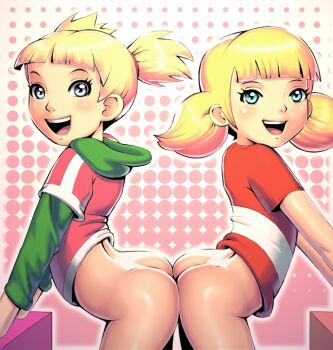 2girls alternate_hairstyle apostle_(artist) arched_back ass ass-to-ass back blonde_hair blue_eyes blush blush_stickers bottomless colored dimples_of_venus dual_persona green_eyes happy hood hoodie inspector_gadget legs loli looking_at_viewer multiple_girls nude open_mouth penny_(inspector_gadget) polka_dot polka_dot_background shiny_skin shirt short_twintails smile t-shirt thighs twintails