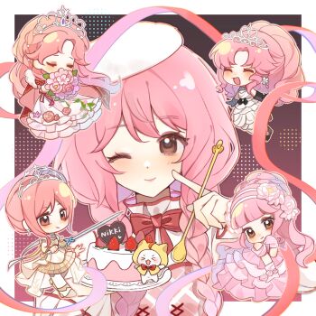 Rule 34 | 5girls, ^ ^, ankle cuffs, armor, bare shoulders, bead choker, beads, beret, between fingers, birthday cake, black background, black boots, black gloves, bloom poetry (shining nikki), boots, border, bouquet, bow, bowtie, bracelet, braid, braided bun, breastplate, brown eyes, bubble skirt, cake, cape, chibi, chinese commentary, choker, closed eyes, closed mouth, coattails, collared shirt, commentary request, covered mouth, cross-laced clothes, cross-laced dress, crown braid, dated, dot nose, dress, dress flower, earrings, elbow gloves, eyelashes, finger to cheek, flower, flower bracelet, flower earrings, flower skirt, food, footwear bow, frilled choker, frilled dress, frilled shirt collar, frills, fruit, fur-trimmed cape, fur trim, gloves, gown, gradient background, hair beads, hair bun, hair flower, hair ornament, hair over shoulder, hairband, half updo, halftone, hand on own cheek, hand on own face, happy, hat, high collar, high heels, highres, holding, holding bouquet, holding plate, holding spoon, holding sword, holding weapon, infinity nikki, jewelry, light blush, lipstick, long dress, long hair, long sleeves, looking at viewer, low twin braids, makeup, medium dress, melody bloom (infinity nikki), miracle nikki, momo (nikki), multiple girls, multiple views, nikki (nikki), nikki (series), nikki up2u2: world traveller, one eye closed, open mouth, outline, outside border, parted bangs, peony (flower), pinafore dress, pink background, pink bow, pink dress, pink flower, pink gloves, pink hair, pink lips, pink ribbon, pink rose, plaid clothes, plaid dress, plate, ponytail, qingyang huahe mu, red bow, red bowtie, red cape, ribbon, rose, shining nikki, shirt, shoes, short dress, short hair with long locks, shoulder bow, silky sweet dream (shining nikki), sincere dream trip (nikkiup2u2), single hair bun, skirt, sleeveless, sleeveless dress, sleeves past wrists, smile, smirk, snowflakes, spoon, star (symbol), strapless, strapless dress, strawberry, sword, textless version, thighhighs, tiara, twin braids, updo, upper body, very long hair, weapon, when blossoms gather (miracle nikki), white arm warmers, white border, white choker, white dress, white flower, white hairband, white hat, white shirt, white thighhighs, yellow outline, yellow shoes