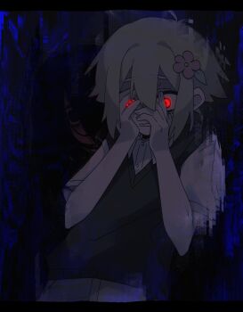 1boy absurdres antenna_hair bare_arms basil_(faraway)_(omori) basil_(omori) black_sweater_vest blonde_hair blue_background brown_pants collared_shirt covering_face cowboy_shot double-parted_bangs fingernails flipped_hair flower glowing glowing_eyes hair_between_eyes hair_flower hair_intakes hair_ornament hands_up hashtag-only_commentary highres indoors leaf letterboxed looking_down male_focus mqd0rl omori pants pink_flower red_eyes scared shirt short_hair short_sleeves sidelocks simple_background solo something_(omori) spoilers standing sweat sweater_vest turn_pale white_shirt wide-eyed