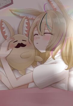 1girl absurdres alarm_clock animal_ears blonde_hair blush clock closed_eyes commentary_request creature cuddling facial_hair fox_ears fox_girl from_above highres hololive morning multicolored_hair mustache natsume_mina omaru_polka on_bed shirt sleeping solo streaked_hair sunlight tail under_covers upper_body virtual_youtuber white_shirt zain_(omaru_polka)