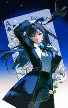 1girl ace_(playing_card) ace_of_spades ado_(utaite) arm_up bird black_hair black_vest blue_eyes bow bowtie card chando_(ado) commentary cowboy_shot crow english_commentary eyelashes flower gloves gradient_background highres long_hair mole mole_under_eye parted_lips playing_card requiem_(requiem_art) rose shirt shirt_tucked_in sidelocks solo spade_(shape) spade_card utaite vest white_flower white_gloves white_rose white_shirt