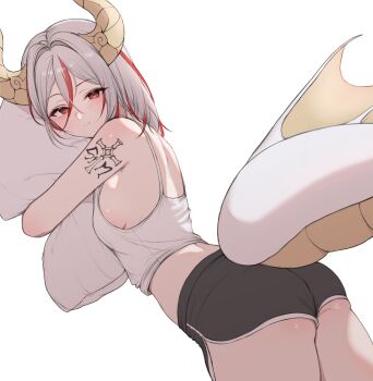 1girl absurdres ass back bare_shoulders black_shorts breasts camisole closed_mouth commission cowboy_shot crop_top dolphin_shorts dragon_horns dragon_tail from_side gadeung_hye hair_between_eyes highres horns hugging_object long_hair looking_at_viewer midriff multicolored_hair original pillow pillow_hug red_eyes second-party_source shirt short_shorts shorts shoulder_tattoo sideboob simple_background sleeveless sleeveless_shirt small_breasts smile solo spaghetti_strap streaked_hair tail tattoo white_background white_hair white_shirt