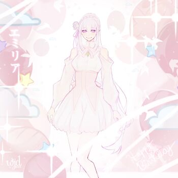 Rule 34 | 1girl, arms at sides, artist name, bare shoulders, braid, breasts, commentary, detached sleeves, dress, emilia (re:zero), english text, flower, full body, gem, green gem, hair flower, hair ornament, hair ribbon, happy birthday, high collar, highres, long hair, long sleeves, low-tied long hair, medium breasts, purple ribbon, re:zero kara hajimeru isekai seikatsu, ribbon, see-through clothes, see-through sleeves, sidelocks, smile, solo, sparkle background, white dress, wjdsan1