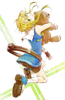 1boy ankle_boots bare_arms bare_shoulders ben-day_dots bike_shorts black_gloves black_shorts blonde_hair blue_boots blue_vest boots bridget_(guilty_gear) button_eyes buttons cross_background feet_up feet_up_heels_up fingerless_gloves floating_hair from_behind full_body gloves green_eyes guilty_gear guilty_gear_xx guimpe head_back himetachibana holding holding_stuffed_toy hugging_object jumping kneehighs long_sidelocks looking_at_viewer looking_back male_focus midair neck_ribbon no_headwear object_belt outline oversized_object parted_lips ribbon roger_(guilty_gear) screentones shoe_soles short_hair short_hair_with_long_locks shorts sidelocks smile socks stitches stuffed_animal stuffed_toy teddy_bear trap vest white_background white_outline white_socks white_wrist_cuffs wrist_cuffs yellow_ribbon
