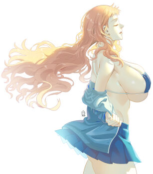 bikini blue_bikini blue_jacket blue_skirt breasts cecilia_campbell closed_eyes commentary_request covered_erect_nipples eyepatch_bikini from_side ge_xi halterneck huge_breasts jacket jacket_partially_removed large_breasts long_hair off_shoulder orange_hair parted_lips pleated_skirt sideboob simple_background skindentation skirt solo swimsuit very_long_hair wavy_hair white_background witches_in_7th_base
