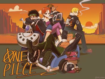 1girl 5boys antlers black_gloves black_hair black_jacket black_pants blonde_hair cigarette cloud cloudy_sky commentary full_body fur-trimmed_jacket fur_trim gloves green_hair grin hat highres horns jacket jolly_roger long_nose looking_at_viewer monkey_d._luffy motor_vehicle motorcycle mountainous_horizon multiple_boys nami_(one_piece) one_piece only_op2024 open_clothes open_jacket orange_hair orange_sky outdoors pants pink_hat purple_pants purple_shirt reindeer_antlers reindeer_boy roronoa_zoro sanji_(one_piece) scar scar_on_chest shirt short_hair sitting sky smile straw_hat_pirates straw_hats_jolly_roger sun sunset symbol-only_commentary tony_tony_chopper twitter_username usopp