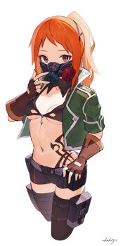 1girl arpeggio_kaga belt belt_pouch bikini bikini_top_only black_bikini black_shorts black_thighhighs breasts brown_eyes brown_gloves code_vein cropped_jacket cropped_legs detached_collar fingerless_gloves gloves green_jacket hand_up highres jacket long_hair looking_at_viewer mask micro_shorts mouth_mask murasame_rin_(code_vein) navel navel_piercing open_clothes open_jacket orange_hair piercing ponytail pouch short_shorts short_sleeves shorts simple_background small_breasts solo stomach stomach_tattoo swimsuit tattoo thigh_strap thighhighs thighs underboob white_background