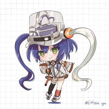 Rule 34 | 1girl, asymmetrical legwear, blue hair, chibi, commentary request, dress, duel monster, ellieve vga, full body, green eyes, grid background, hair between eyes, hat, highres, kewl tune cue, mismatched legwear, see-through clothes, see-through dress, see-through hat, see-through sleeves, shako cap, solo, twintails, twitter username, yu-gi-oh!