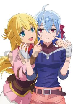 Rule 34 | 2girls, :t, ahoge, anime coloring, arm belt, belt, blonde hair, blue eyes, blue hair, braid, breasts, cheek poking, closed mouth, corset, cowboy shot, fingerless gloves, gloves, hair between eyes, hair ribbon, half up braid, long hair, long sleeves, medium hair, multiple girls, open mouth, overskirt, poking, red corset, red overskirt, red ribbon, red scarf, ribbon, rit (shin no nakama), ruti ragnason, sample watermark, scarf, shin no nakama janai to yuusha no party wo oidasareta no de henkyou de slow life suru koto ni shimashita, short shorts, shorts, simple background, sleeves rolled up, smile, standing, watanabe ruriko, watermark, white background, white gloves