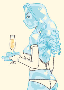 1girl ass blue_hair blue_skin breasts bridal_gauntlets butt_crack champagne_flute colored_skin commentary cup drill_hair drinking_glass emma_frost english_commentary farfinfarfin glass holding holding_cup leotard lowleg lowleg_panties marvel medium_breasts panties pout solo strapless strapless_leotard underwear upper_body white_bridal_gauntlets white_panties x-men