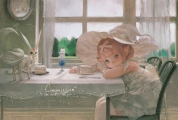 1girl absurdres arms_on_table bare_shoulders blue_eyes cake carbuncle_(final_fantasy) chair commission curtains dress drink final_fantasy final_fantasy_xiv fingerless_gloves food fork glass gloves hairband hat head_rest highres lace_hairband lalafell looking_at_viewer moogle on_chair original pink_hair plate pointy_ears ribbon shacoco short_hair sitting sleeveless sleeveless_dress table tablecloth thighhighs warrior_of_light_(ff14) white_dress white_gloves white_hairband white_hat white_ribbon white_thighhighs window witch_hat