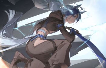 Rule 34 | 1girl, absurdres, animal ears, arclight (arknights), arknights, arknights: endfield, blue eyes, blue hair, blue streaks, boots, brown boots, brown hoodie, brown pants, closed mouth, clothing cutout, commentary, cropped hoodie, foot out of frame, highres, holding, holding sword, holding weapon, hood, hood down, hoodie, long hair, long sleeves, looking ahead, making-of available, multicolored hair, pants, phyriaxi, solo, sword, tail, two-tone hair, weapon, white hair