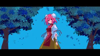 1girl bun_cover chain chinese_commentary closed_mouth commentary_request cowboy_shot cuffs double_bun expressionless falling_leaves flower green_skirt hair_bun highres ibaraki_kasen leaf letterboxed looking_at_viewer pink_eyes pink_flower pink_hair pink_rose puffy_short_sleeves puffy_sleeves que_si_tian_yu_ze red_tabard rose shirt short_hair short_sleeves skirt solo summer tabard touhou tree white_shirt