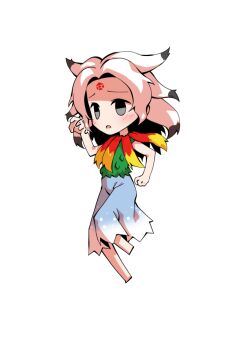 1girl barefoot black_hair blue_skirt capelet chibi chibi_only commentary_request dairi forehead_tattoo full_body green_shirt hand_up houjuu_chimi large_variant_set multicolored_hair red_capelet shirt simple_background skirt sleeveless sleeveless_shirt solo tachi-e tattoo touhou transparent_background two-tone_capelet two-tone_hair variant_set white_hair yellow_capelet