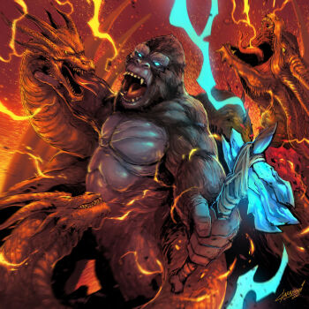 Rule 34 | abs, alien, ape, axe, battle axe, blue electricity, blue eyes, bone, bone axe, bone weapon, burning, burning axe, conjoined, crossover, dragon, electricity, electrokinesis, energy, epic, fangs, fire, flaming weapon, forked tongue, garayann, glowing, glowing axe, glowing eyes, glowing weapon, godzilla: king of the monsters, godzilla (series), godzilla vs. kong, gorilla, horns, hot, hydra, kaiju, king ghidorah, king kong, king kong's battle axe, king kong (series), leather, leather strap, legendary pictures, monsterverse, multiple heads, muscular, no humans, pectorals, roaring, scar, scar on chest, sharp teeth, smirk, spikes, tail, teeth, toho, tongue, weapon, wings, yellow electricity, yellow eyes