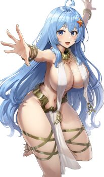 1girl absurdres arm_up blue_eyes blue_hair bracelet breast_curtains commentary commission dancer dancing goback gold_bracelet gold_thighlet gold_trim hair_intakes hair_ornament harem_outfit highres jewelry long_hair looking_at_viewer multiple_bracelets navel neck_ring open_hands open_mouth original pelvic_curtain simple_background skindentation smile solo standing standing_on_one_leg star_(symbol) star_hair_ornament thighlet toeless_legwear toenails toes usekh_collar white_background