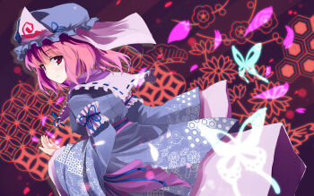 1girl bug butterfly female_focus floral_print gotyou hat hexagon highres insect japanese_clothes looking_back petals pink_hair red_eyes reference_work saigyouji_yuyuko shippou_(pattern) smile solo touhou