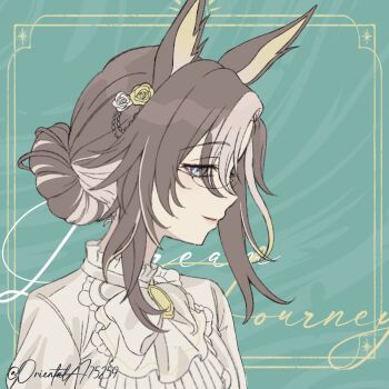 1girl alt_text alternate_hairstyle animal_ear_fluff animal_ears blue_eyes brown_hair character_name commentary dream_journey_(snow-white_dreamland)_(umamusume) dream_journey_(umamusume) english_commentary glasses green_background hair_bun hair_ornament horse_ears horse_girl lips multicolored_hair orientala75259 parted_lips shirt signature two-tone_hair umamusume white_hair white_shirt