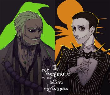 2boys formal_clothes highres hofq-dull3 jack_skellington jacket long_sleeves looking_at_viewer male_focus multiple_boys oogie_boogie personification pinstripe_pattern pinstripe_suit short_hair smile striped_clothes suit the_nightmare_before_christmas vest white_hair