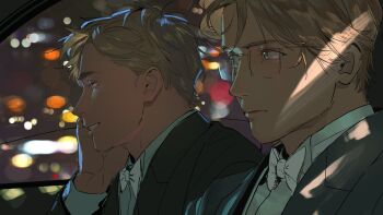 2boys axis_powers_hetalia black_jacket blonde_hair blue_eyes blurry blurry_background bow bowtie car_interior character_request closed_mouth collared_shirt commentary_request from_behind glasses hand_on_own_cheek hand_on_own_face highres jacket multiple_boys parted_lips shirt short_hair white_bow white_bowtie zhongerweiyuan