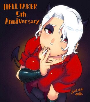 Rule 34 | 1girl, black bracer, black eyeshadow, black horns, black pants, black tail, breasts, cigarette, collared shirt, commentary request, dated, demon girl, demon tail, earclip, earrings, eyeshadow, face piercing, from above, hair over one eye, happy anniversary, helltaker, holding, holding cigarette, horns, jewelry, large breasts, lip piercing, looking at viewer, looking up, makeup, necklace, nose piercing, pants, piercing, red eyes, red shirt, shirt, short hair, short sleeves, smoking, solo, standing, tail, tsukudani (coke-buta), white hair, zdrada (helltaker)