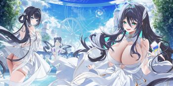 Rule 34 | 3girls, aqua eyes, aqua nails, ass, back, bare shoulders, black hair, blue sky, blush, breasts, breasts apart, bridal gauntlets, cleavage, closed mouth, cloud, commentary, day, dress, elbow gloves, fingernails, from behind, gloves, hair between eyes, hand in own hair, hand on own chest, highres, huge breasts, laevan, large breasts, long hair, looking at viewer, looking back, medium breasts, multiple girls, nail polish, open mouth, original, outdoors, pantyhose, purple eyes, single leg pantyhose, sky, smile, twintails, very long hair, white bridal gauntlets, white dress, white pantyhose