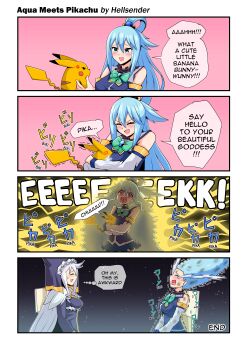 1girl 4koma absurdres acefish anger_vein angry aqua_(konosuba) bare_shoulders blue_eyes blue_hair comic crying crying_aqua_(meme) electrocution english_text eris_(konosuba) gen_1_pokemon hair_ornament happy highres holding holding_pokemon hug japanese_text kono_subarashii_sekai_ni_shukufuku_wo! nintendo pikachu pokemon pokemon_(creature) smile sound_effects sphere_hair_ornament tagme