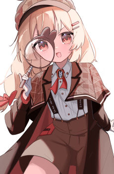 1girl absurdres aoi_(swoi_ekk) blonde_hair bow braid brown_coat brown_hat brown_shorts coat collared_shirt cowboy_shot deerstalker fang gloves hair_bow hair_ornament hairclip hat highres holding holding_magnifying_glass long_hair long_sleeves looking_at_viewer magnifying_glass natori_sana open_clothes open_mouth red_bow red_eyes sana_channel shirt shorts simple_background skin_fang smile solo suspender_shorts suspenders twin_braids virtual_youtuber white_background white_gloves white_shirt