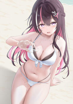 1girl arm_support azki_(hololive) bare_shoulders beach bikini blush bottle braid breasts brown_hair cleavage collarbone colored_inner_hair commentary_request day dutch_angle from_above front-tie_bikini_top front-tie_top hair_between_eyes hair_intakes hair_ornament hand_up highres holding holding_bottle hololive large_breasts layered_bikini long_hair multi-strapped_bikini_bottom multi-strapped_bikini_top multicolored_hair navel ocean on_ground open_mouth outdoors pink_eyes pink_streaks plastic_bottle pouring pouring_onto_self seriponpoyon sidelocks stomach streaked_hair sunlight swimsuit thighs very_long_hair virtual_youtuber water_bottle wet white_bikini