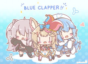 Rule 34 | 3girls, :d, ;d, ahoge, animal ear fluff, animal ears, beret, black jacket, black panties, black shirt, blue hair, blue jacket, blue skirt, blush stickers, boots, brown boots, brown eyes, brown hair, chibi, club hair ornament, commentary request, diamond hair ornament, english text, facial mark, fang, fox ears, fox girl, fox tail, fur-trimmed boots, fur-trimmed jacket, fur-trimmed sleeves, fur trim, grey eyes, grey hair, grey skirt, hair between eyes, hair ornament, hairclip, hat, heart, heart ahoge, heart hair ornament, highleg, highleg panties, highres, hololive, jacket, jester cap, lion ears, lion girl, lion tail, long hair, long sleeves, midriff, mitarashi neko, multicolored hair, multiple girls, navel, notice lines, omaru polka, omaru polka (1st costume), one eye closed, open clothes, open jacket, open mouth, panties, pleated skirt, pointy ears, puffy long sleeves, puffy sleeves, purple eyes, shirt, shishiro botan, shishiro botan (1st costume), skirt, sleeves past fingers, sleeves past wrists, smile, spade hair ornament, streaked hair, tail, tilted headwear, two side up, underwear, very long hair, virtual youtuber, white hat, wide sleeves, x hair ornament, yukihana lamy, yukihana lamy (1st costume)