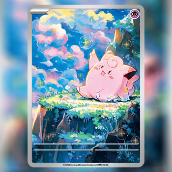 :d arm_support arm_up black_eyes blurry_border blush_stickers clefairy commentary_request fang gen_1_pokemon grass nintendo nitanda_cona no_humans official_art open_mouth outdoors pokemon pokemon_(creature) pokemon_card pokemon_focus pokemon_tcg sitting smile solo