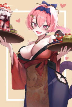 Rule 34 | 1girl, 1im illus, absurdres, animal, bare shoulders, bird, black hakama, black kimono, black skirt, blush, breasts, brown hair, cake, cleavage, clothed animal, collarbone, fang, food, glasses, goddess of victory: nikke, hair ornament, hair stick, hairband, hairclip, hakama, hakama skirt, headband, heart, highres, holding, holding sword, holding tray, holding weapon, japanese clothes, jewelry, kimono, large breasts, long hair, looking at viewer, mast (nikke), mast (romantic maid) (nikke), mast (romantic maid) (tea service) (nikke), morgan (nikke), motion lines, necklace, open mouth, parallel hairclips, parrot, pink eyes, pink hair, purple hairband, red kimono, skin fang, skirt, skull necklace, smile, sword, tray, weapon, white headband