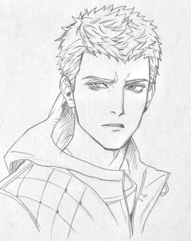 Rule 34 | 1boy, commentary request, crew neck, cropped shoulders, devil may cry (series), devil may cry 5, eubneung10571, graphite (medium), greyscale, highres, jacket, korean commentary, looking to the side, male focus, monochrome, nero (devil may cry), parted lips, portrait, shirt, short hair, sideways glance, solo, traditional media