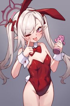 1girl ;p alternate_costume alternate_hairstyle animal_ear_hairband animal_ears blue_archive blush bow bowtie breasts closed_mouth detached_collar fake_animal_ears fake_tail grey_background grey_hair groin hair_bow hairband halo hands_up haniwa_(statue) highleg highleg_leotard highres holding leotard loli long_hair looking_at_viewer miya_(miyaruta) mutsuki_(blue_archive) one_eye_closed pink_eyes playboy_bunny pointy_ears purple_eyes purple_halo rabbit_ear_hairband rabbit_ears rabbit_tail red_bow red_bowtie red_leotard simple_background small_breasts solo strapless strapless_leotard tail tongue tongue_out twintails very_long_hair white_wrist_cuffs wrist_cuffs