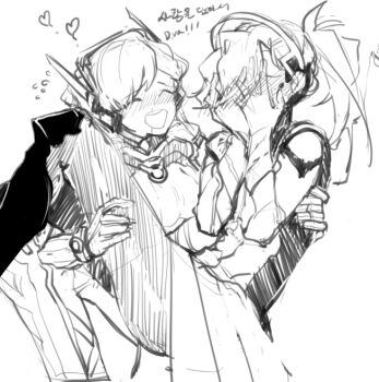 2girls age_difference blush carrying closed_eyes covering_face d.va_(overwatch) embarrassed headphones heart mercy_(overwatch) monochrome multiple_girls mwo_imma_hwag overwatch overwatch_1 princess_carry yuri