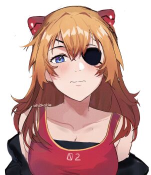 1girl artist_name bare_shoulders black_jacket blue_eyes blush breasts closed_mouth clothes_pull collarbone commentary english_commentary eyelashes eyepatch hair_between_eyes hair_ornament hairclip highres interface_headset_(evangelion) jacket jacket_pull k_at_ie_(hxk82) long_hair looking_at_viewer medium_breasts neon_genesis_evangelion nose orange_hair portrait red_tank_top simple_background solo souryuu_asuka_langley tank_top unfinished white_background