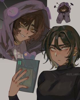 2girls black_sweater breasts brown_eyes brown_hair buttons commentary e.g.o_(project_moon) ear_piercing english_commentary eye_of_horus heart highres hood hooded_jacket i'll_go_fer_scissors._how_'bout_you?_(e.g.o) jacket lca_(identity)_(project_moon) lets_lam3nt limbus_company looking_up medium_breasts multiple_girls multiple_persona outis_(project_moon) piercing project_moon purple_jacket short_hair sidelocks simple_background sweater white_background