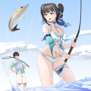 1girl absurdres adjutant_(snowbreak) animal aqua_bikini aqua_choker bare_shoulders bikini black_hair blue_hair blue_shirt blue_sky blunt_bangs breasts chinese_commentary choker cleavage cloud collarbone commentary_request day detached_sleeves fish fish_hook fishing fishing_line fishing_net fishing_rod gradient_hair groin hair_between_eyes hair_ornament hairclip hand_on_own_hip hawaiian_shirt heihei_kmc highres holding holding_fishing_rod large_breasts layered_bikini long_hair low-tied_long_hair multicolored_hair navel official_alternate_costume open_mouth outdoors shirt short_hair short_sleeves shorts sidelocks siris_(snowbreak) skindentation sky snowbreak:_containment_zone standing stomach sunglasses swimsuit thigh_strap tri_tails two-tone_hair water white_bikini white_shorts yellow_eyes
