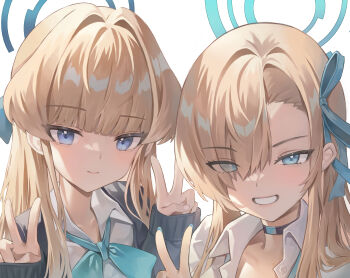 2girls absurdres aqua_bow aqua_bowtie asuna_(blue_archive) asuna_(school_uniform)_(blue_archive) asymmetrical_bangs blouse blue_archive blue_bow blue_bowtie blue_eyes blue_halo blue_nails blue_ribbon bow bowtie braid button_gap collared_shirt commentary double_v greenapple hair_over_one_eye half_up_braid halo highres long_hair long_sleeves loose_bowtie multiple_girls ribbon school_uniform shirt simple_background smile toki_(blue_archive) toki_(school_uniform)_(blue_archive) v white_background white_shirt