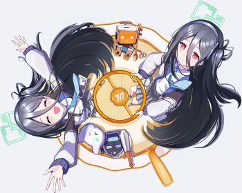 2girls :d ^_^ absurdres aqua_halo aris_(blue_archive) black_hair black_hairband black_skirt blue_archive blue_necktie blush bright_pupils closed_eyes closed_mouth collared_shirt commentary dress_shirt floating_hair foreshortening from_above full_body gogogoiru hairband halo happy highres jacket kei_(blue_archive) kei_(robot)_(blue_archive) long_hair looking_at_another millennium_science_school_logo miniskirt multiple_girls necktie open_clothes open_jacket open_mouth outstretched_arms playground_carousel pleated_skirt rectangular_eyewear red_eyes ringed_eyes school_uniform shirt simple_background skirt smile standing straight_hair very_long_hair white_background white_jacket white_pupils white_shirt